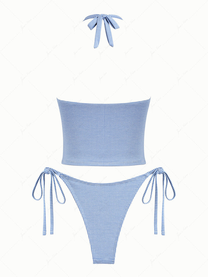 Blue Knitted Plaid Contrast Lace Plunging Neck Halter Tied Tankini Set