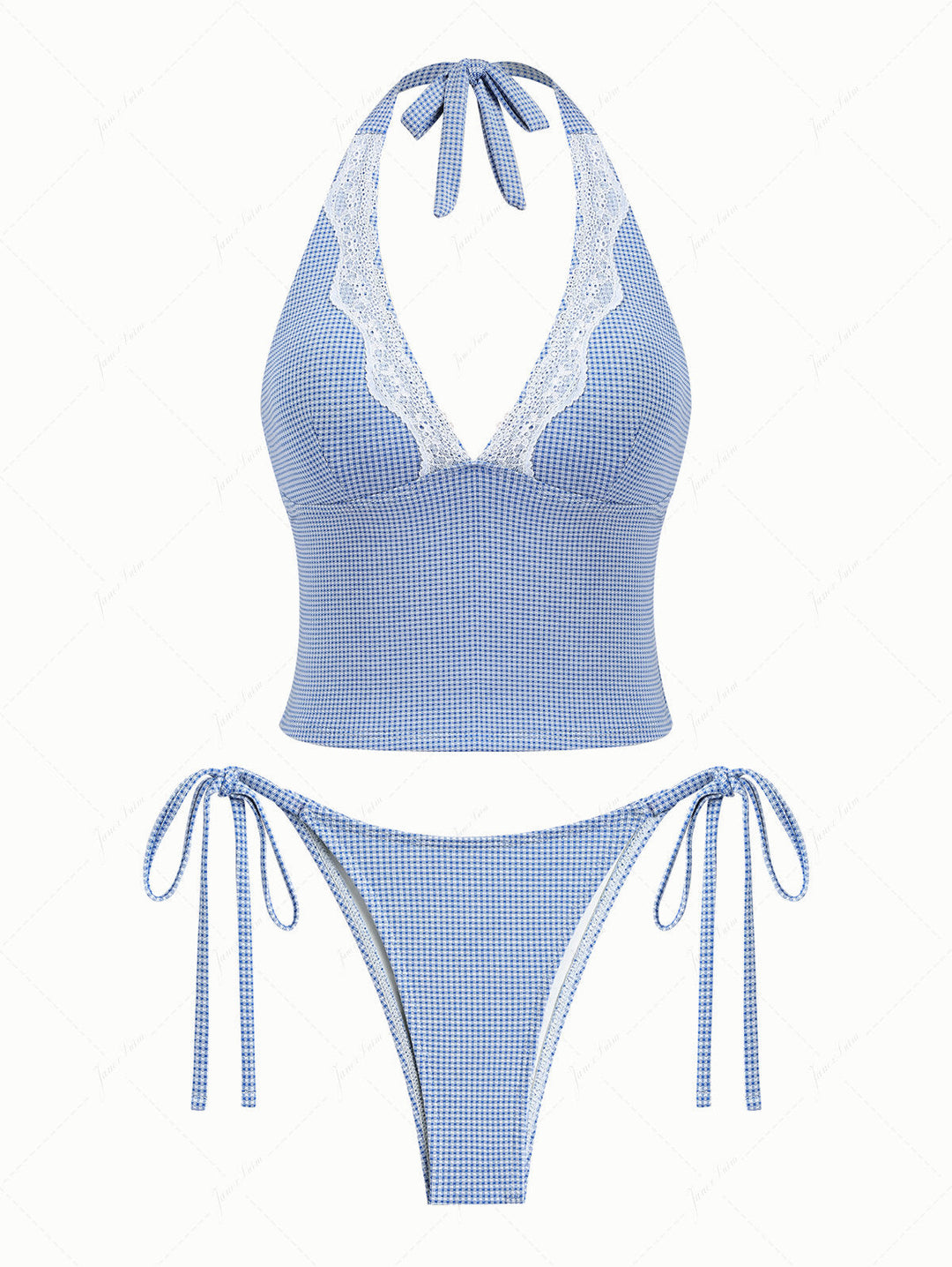 Blue Knitted Plaid Contrast Lace Plunging Neck Halter Tied Tankini Set