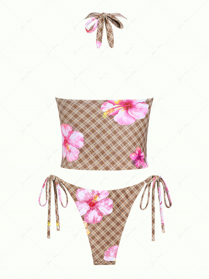 Coffee Plaid Floral Hibiscus Print Frilled Ruffles Plunging Neck Tankini Set