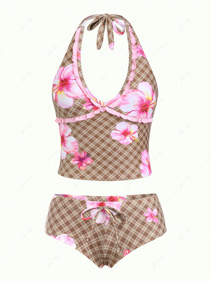 Coffee Plaid Hibiscus Print Ruffles Halter Tank Top & Cheeky Boyshorts Tankini Set