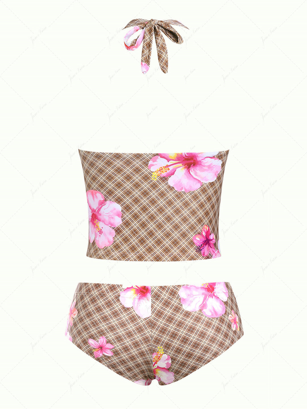 Coffee Plaid Hibiscus Print Ruffles Halter Tank Top & Cheeky Boyshorts Tankini Set