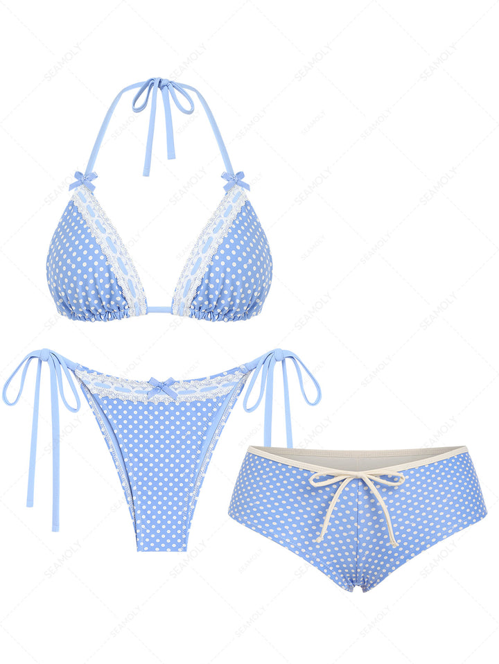 Seamolly 3 Piece Polka Dot Lace Bowknot Triangle Cheeky Boyshort Bikini Set