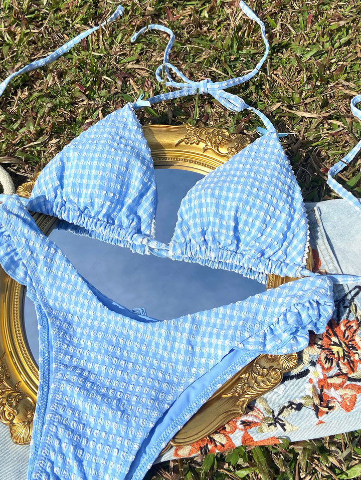 Seamolly Gingham Lace Bowknot Ruffles Trim  Bikini Set