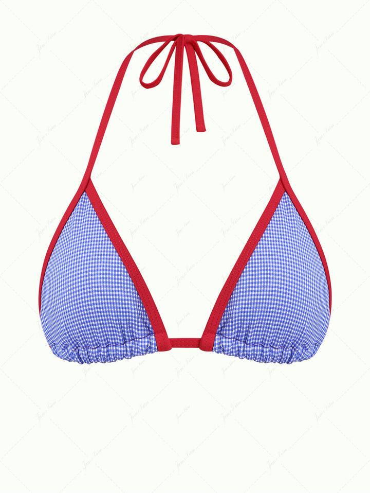 Navy Blue Knitted Plaid Contrast Binding Halter Triangle Bikini Top