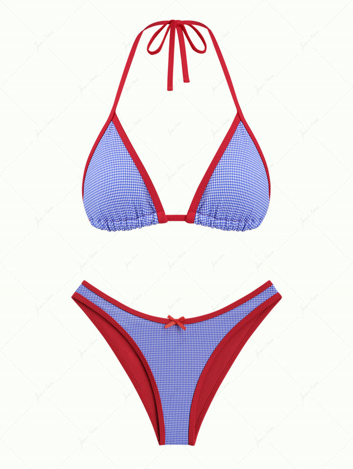 Navy Blue Knitted Plaid Contrast Binding Halter Triangle Bikini Set for 4th of July