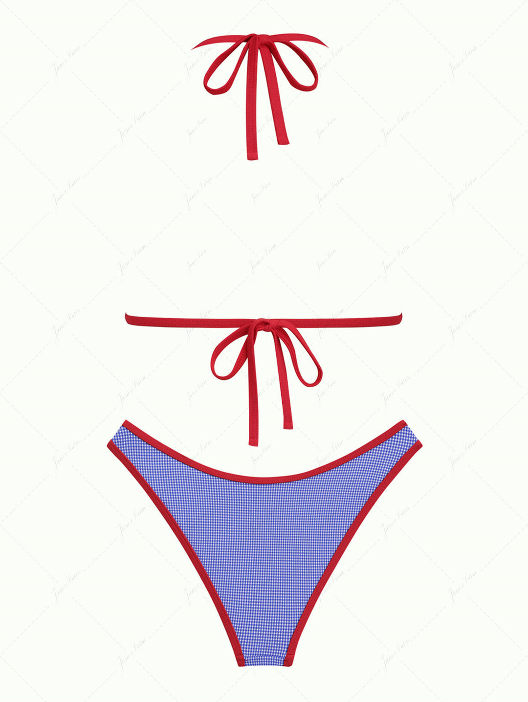 Navy Blue Knitted Plaid Contrast Binding Halter Triangle Bikini Set for 4th of July