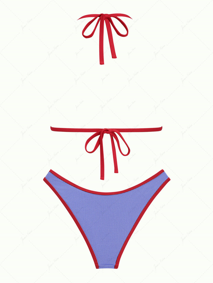 Navy Blue Knitted Plaid Contrast Binding Halter Triangle Bikini Set for 4th of July