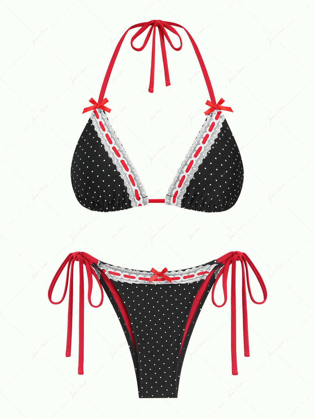 Janex Black Polka Dot Print Vintage Lace Bowknot Halter Triangle Bikini Set