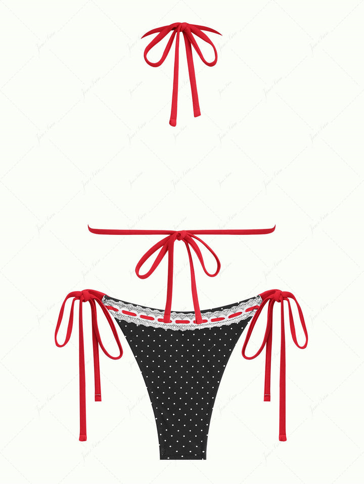 Janex Black Polka Dot Print Vintage Lace Bowknot Halter Triangle Bikini Set