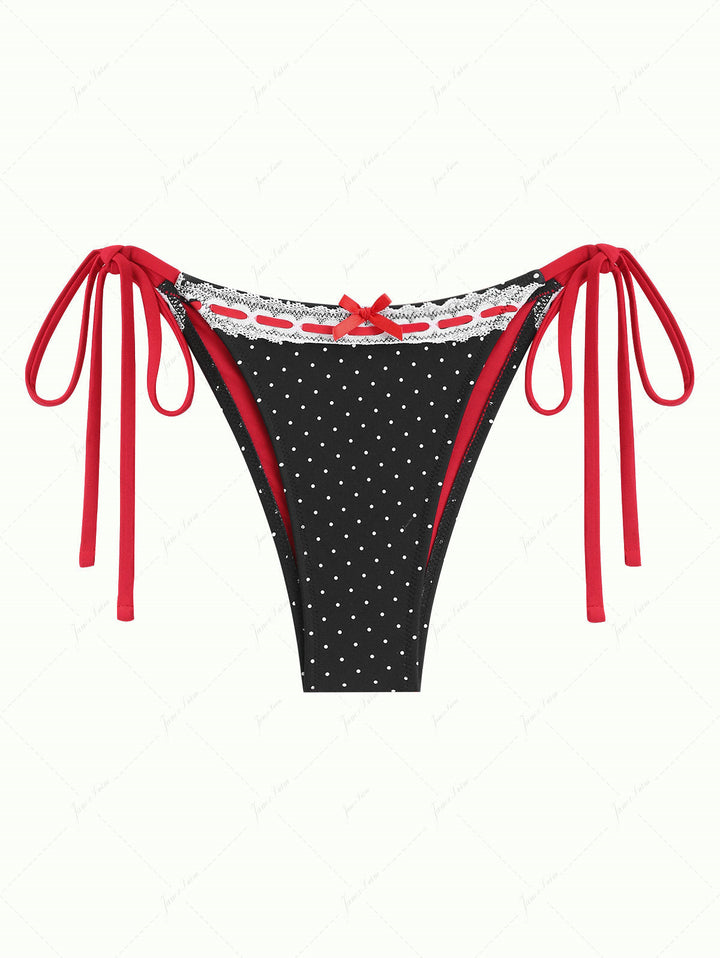 Black Polka Dot Print Vintage Lace Bowknot Tie Side Bikini Bottom