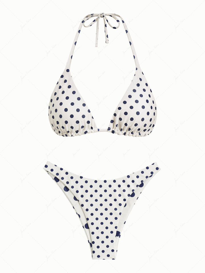 Cadetblue Vintage Polka Dot Halter Triangle Reversible Bikini Set