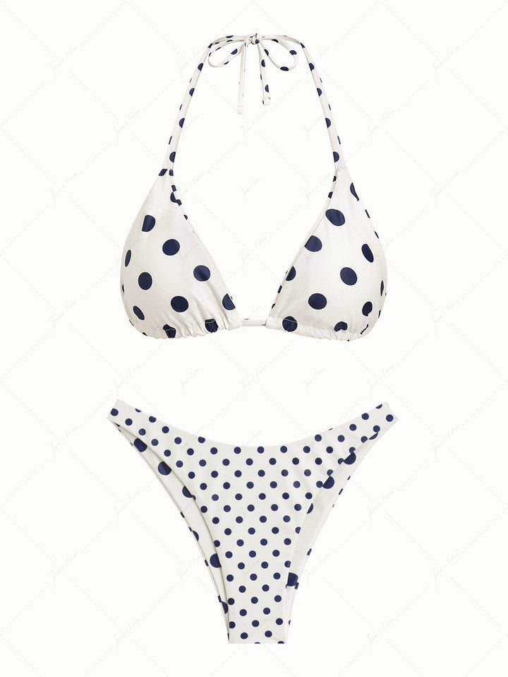 Cadetblue Vintage Polka Dot Halter Triangle Reversible Bikini Set