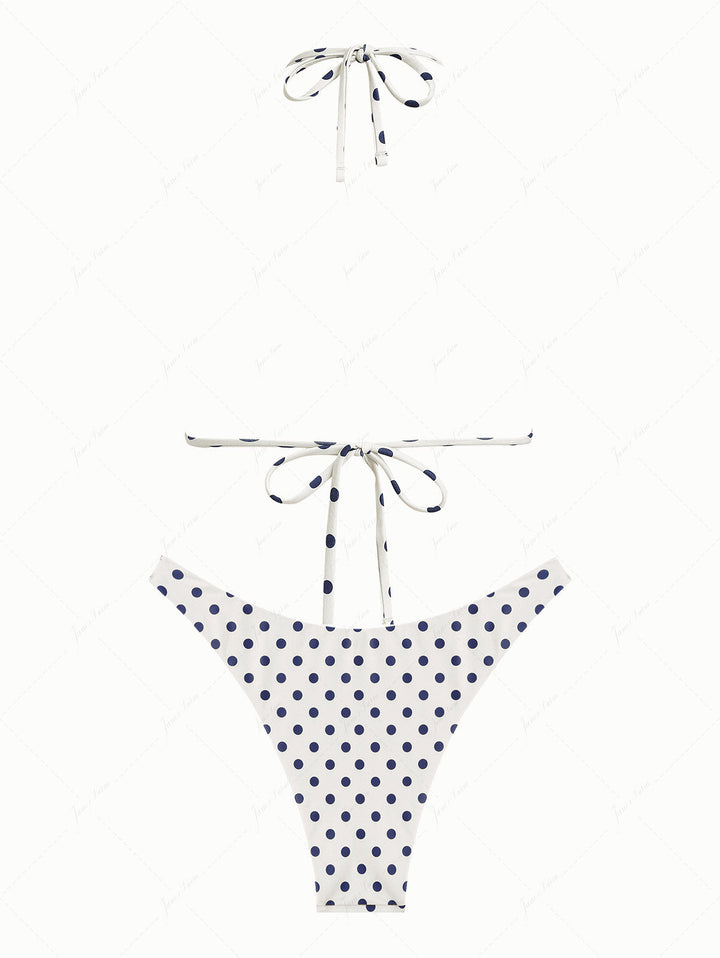 Cadetblue Vintage Polka Dot Halter Triangle Reversible Bikini Set