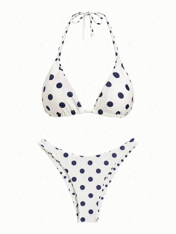 Cadetblue Vintage Polka Dot Halter Triangle Reversible Bikini Set