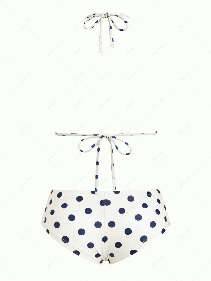 Crystal Cream Vintage Polka Dot Reversible Halter Triangle Bikini Set