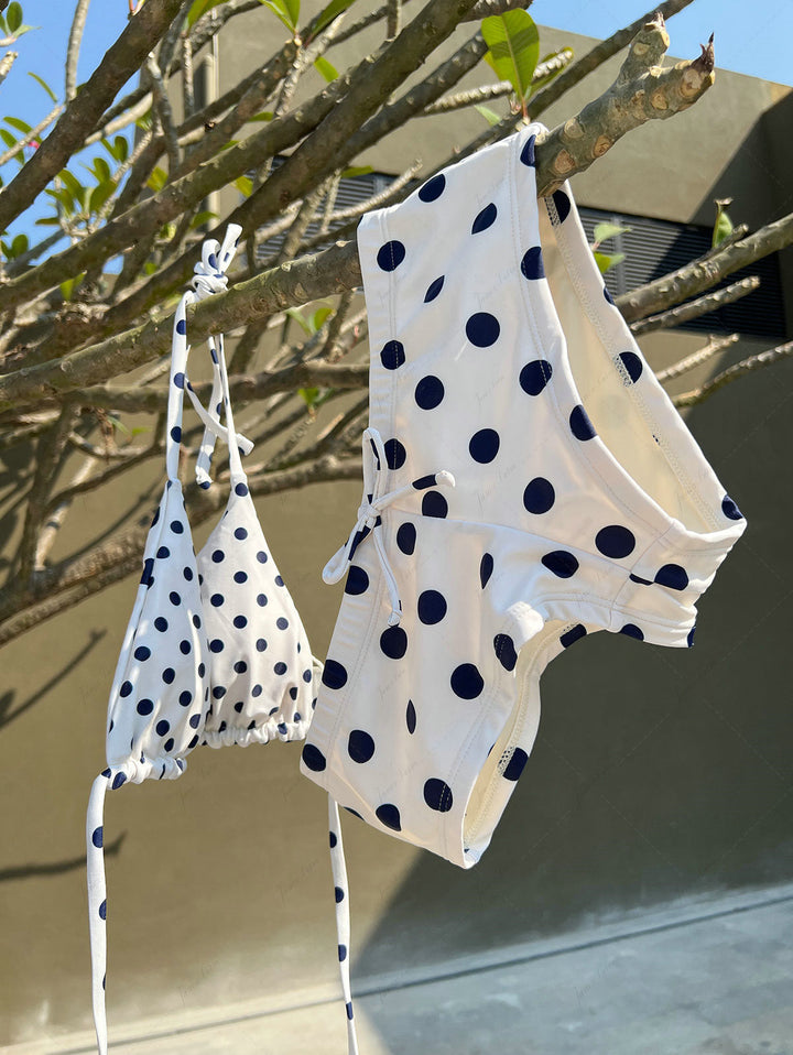 Cadetblue Vintage Polka Dot Low Rise Bikini Bottom Cheeky Swim Boyshorts