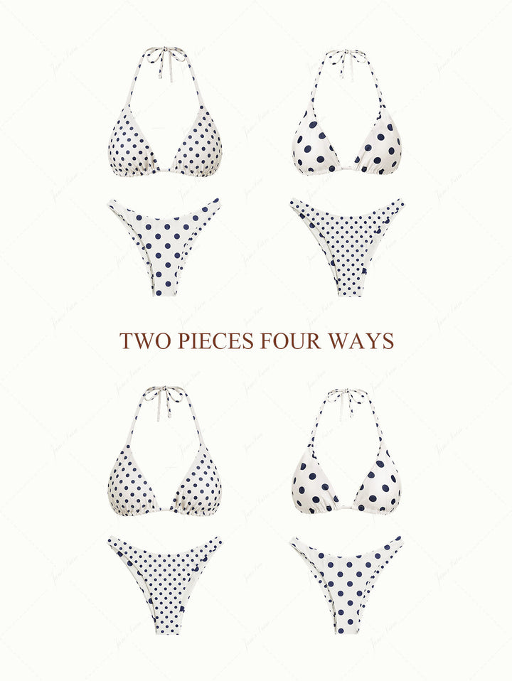 Cadetblue Vintage Polka Dot Halter Triangle Reversible Bikini Set