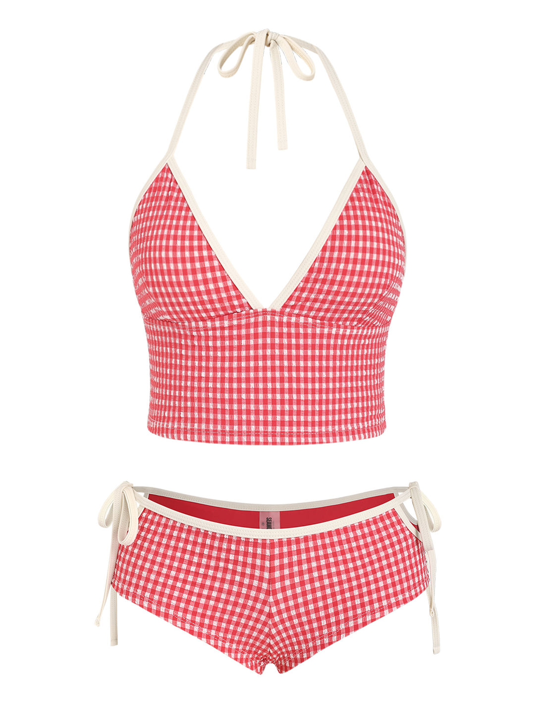 Seamolly 1950s Pin-Up Retro Vintage Gingham Textured Halter Tank Top & Tie Side Boyshorts Bottom Tankini Set