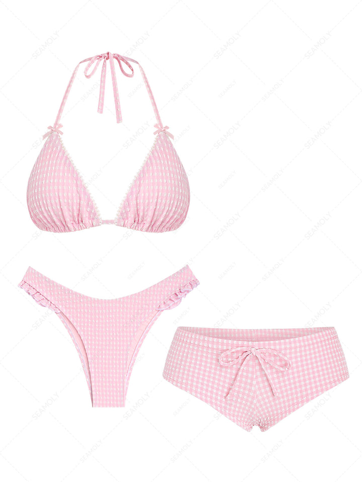 Seamolly 3 Piece Gingham Textured Lace Bowknot Triangle Cheeky Boyshort Bikini Set