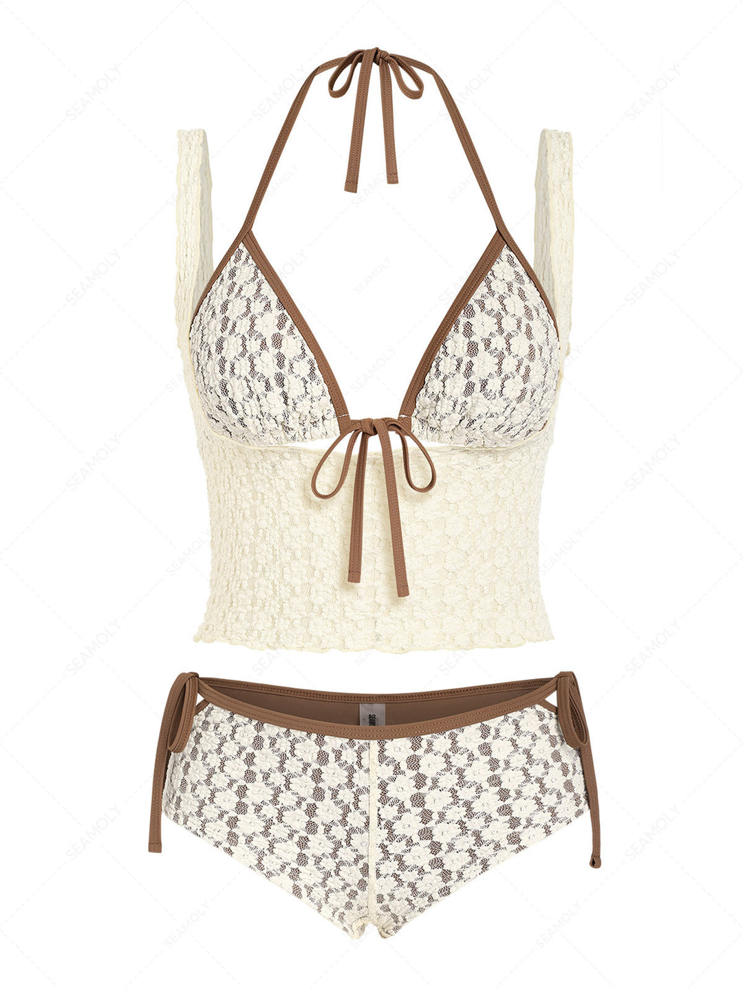 Seamolly 3 Piece Swimsuit - Lace Contrast Binding Cutout Cheeky Boyshorts Bikini Set & Crop Tank Top
