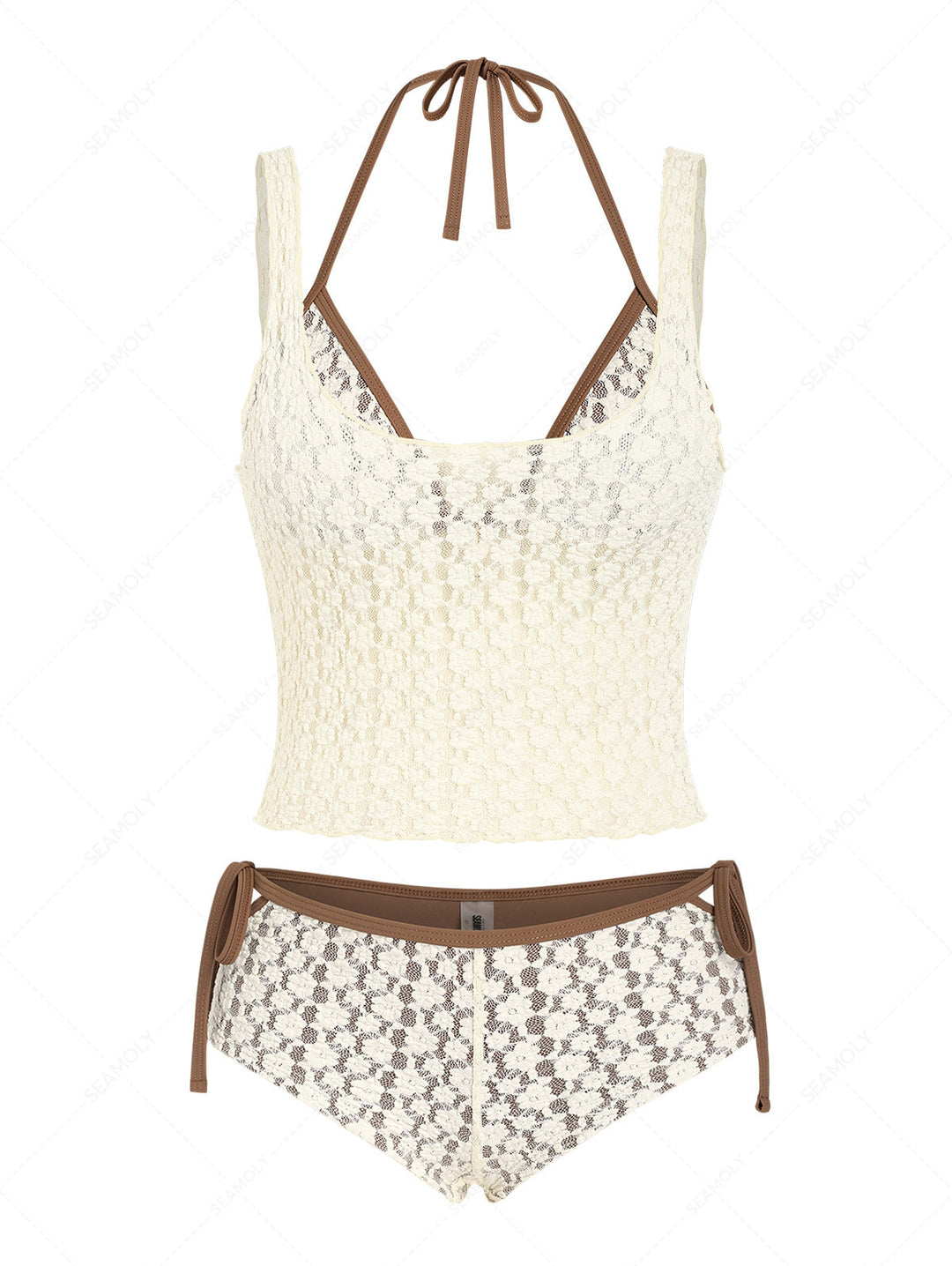 Seamolly 3 Piece Swimsuit - Lace Contrast Binding Cutout Cheeky Boyshorts Bikini Set & Crop Tank Top