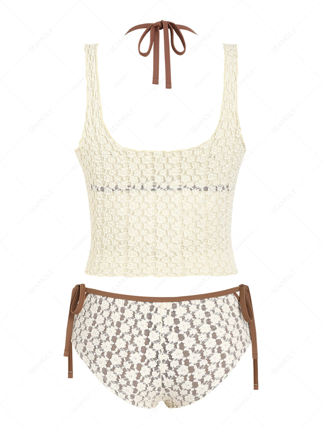 Seamolly 3 Piece Swimsuit - Lace Contrast Binding Cutout Cheeky Boyshorts Bikini Set & Crop Tank Top