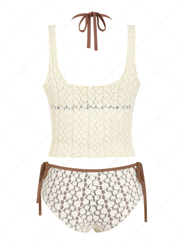 Seamolly 3 Piece Swimsuit - Lace Contrast Binding Cutout Cheeky Boyshorts Bikini Set & Crop Tank Top