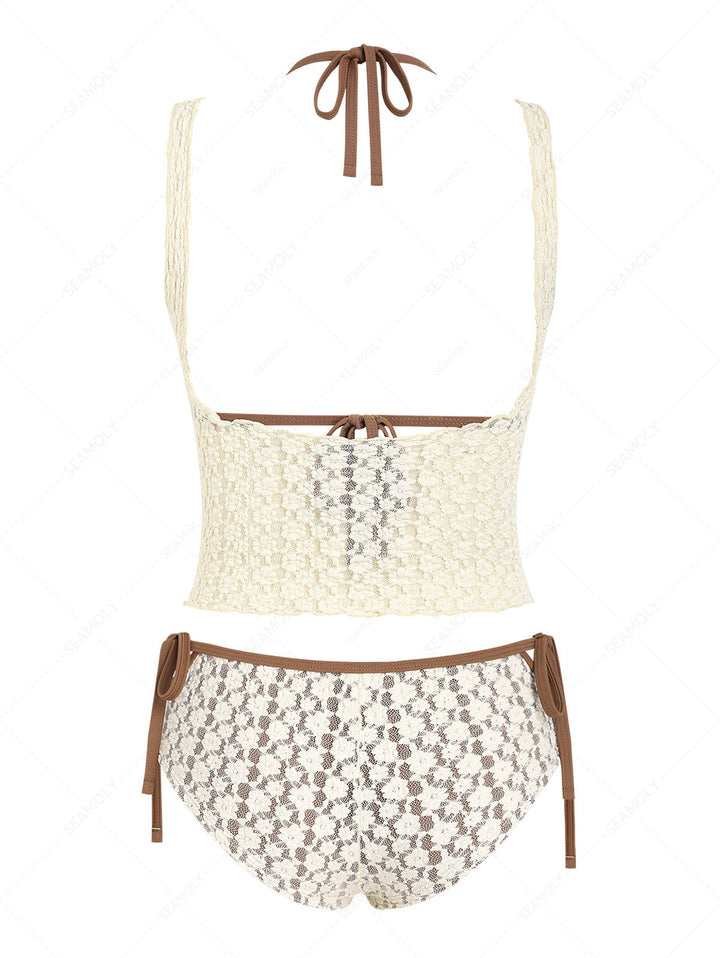 Seamolly 3 Piece Swimsuit - Lace Contrast Binding Cutout Cheeky Boyshorts Bikini Set & Crop Tank Top