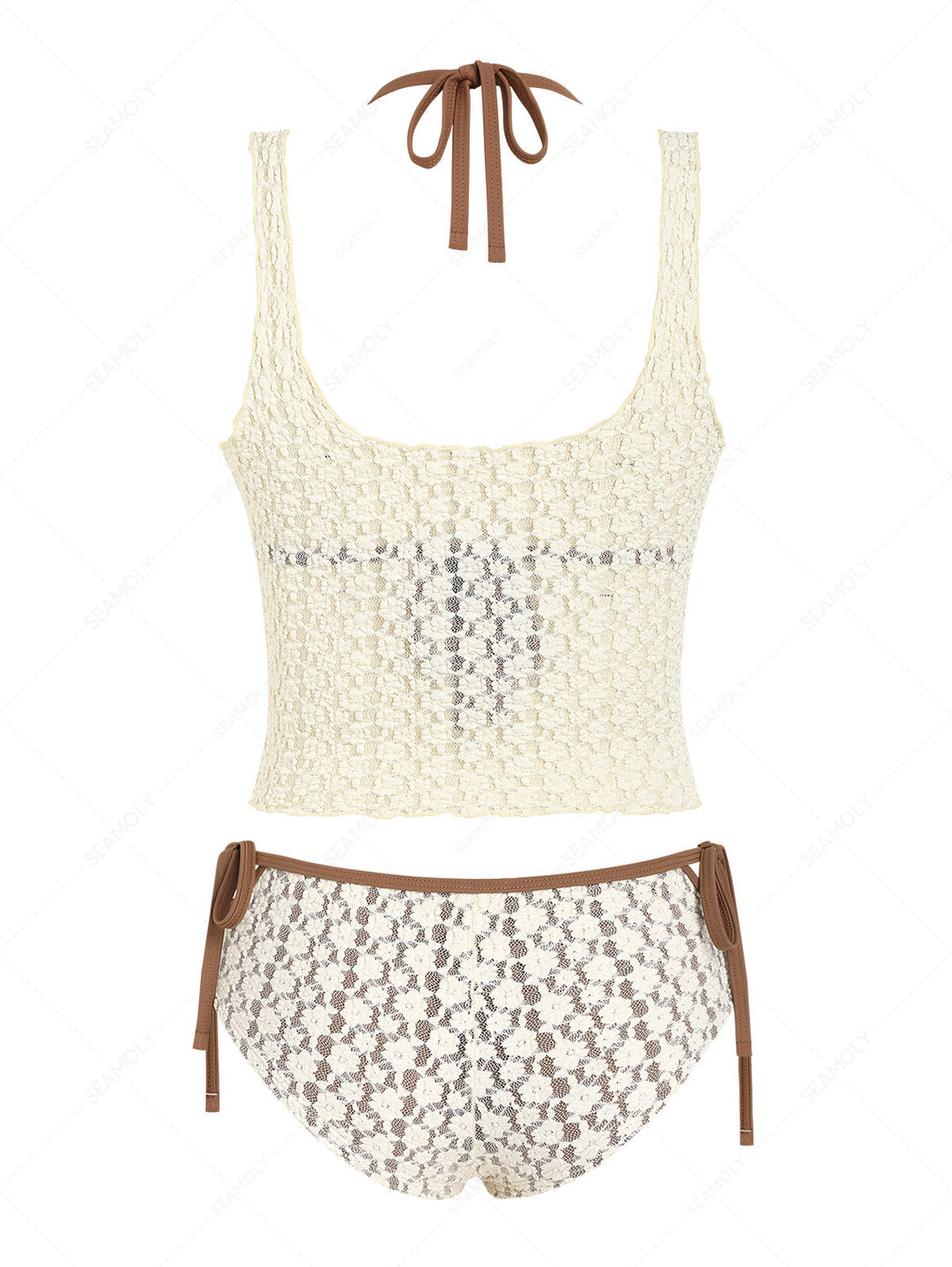 Seamolly 3 Piece Swimsuit - Lace Contrast Binding Cutout Cheeky Boyshorts Bikini Set & Crop Tank Top