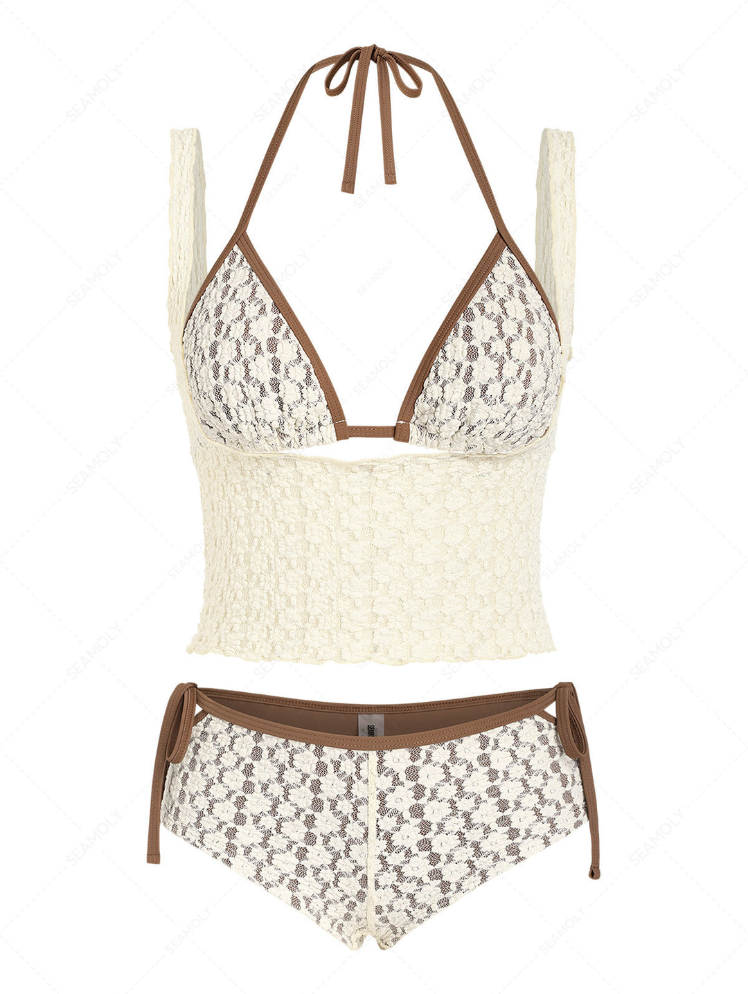 Seamolly 3 Piece Swimsuit - Lace Contrast Binding Cutout Cheeky Boyshorts Bikini Set & Crop Tank Top