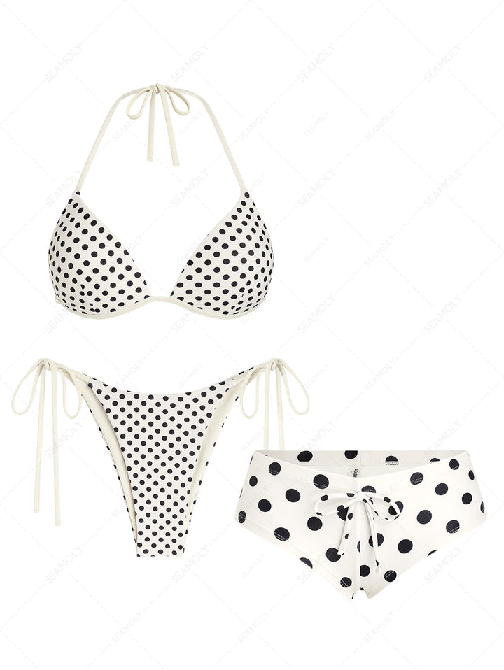 Seamolly 3 Piece Polka Dot Triangle Push Up Cheeky Boyshort Bikini Set