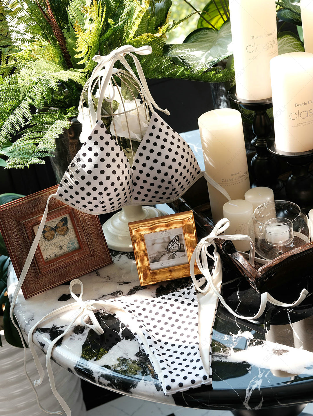 Seamolly Polka Dot Print Hard Cups Support Halter Triangle Bikini Set