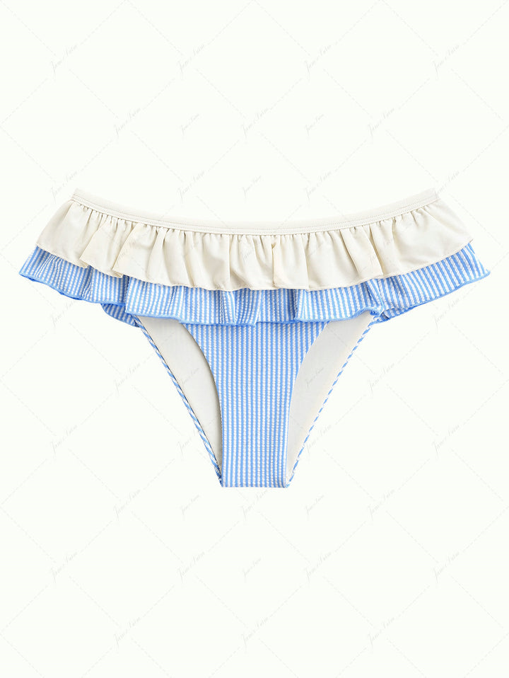 Light Blue Striped Contrast Layered Peplum Skirted Bikini Bottom