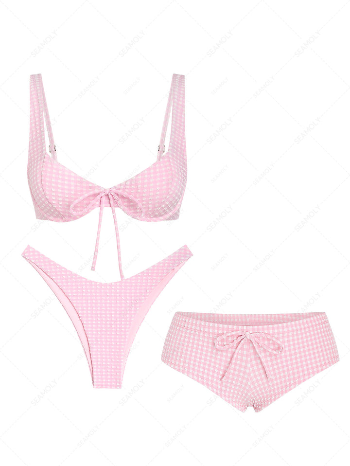 Seamolly 3 Piece Gingham Textured Bowknot Underwire Cheeky Boyshort Bikini Set