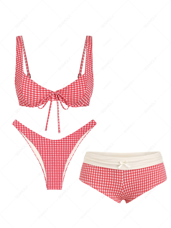 Seamolly 3 Piece Gingham Textured Bowknot Underwire Cheeky Boyshort Bikini Set