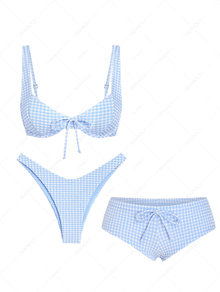 Seamolly 3 Piece Gingham Textured Bowknot Underwire Cheeky Boyshort Bikini Set