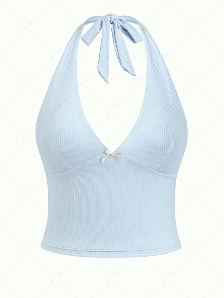 Light Blue Ribbed Knit Bowknot Plunging Neck Halter Tied Tankini Top