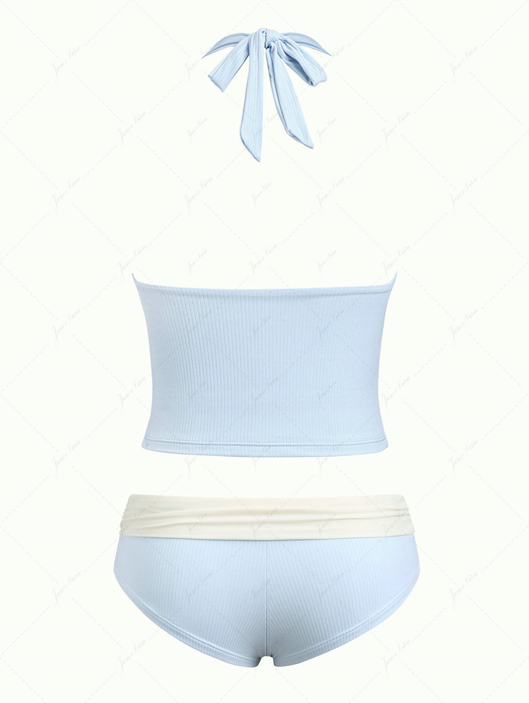 Light Blue Ribbed Knit Bowknot Halter Foldover Cheeky Boyshorts Tankini Set