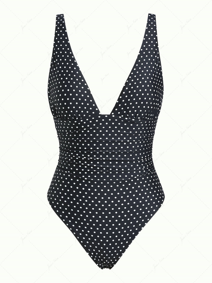 Black Polka Dot Print Ruched Plunging Neck One-piece Swimsuit