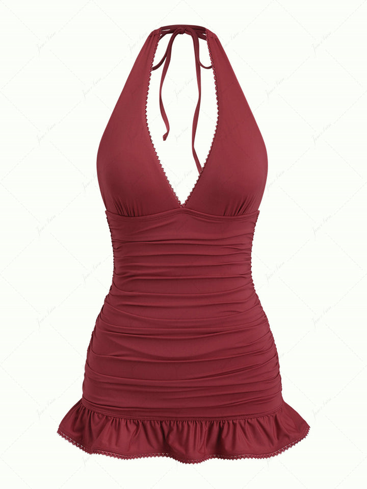 Red Wine Vintage Ruched Lace Peplum Hem Halter Tied One-piece Swimsuit