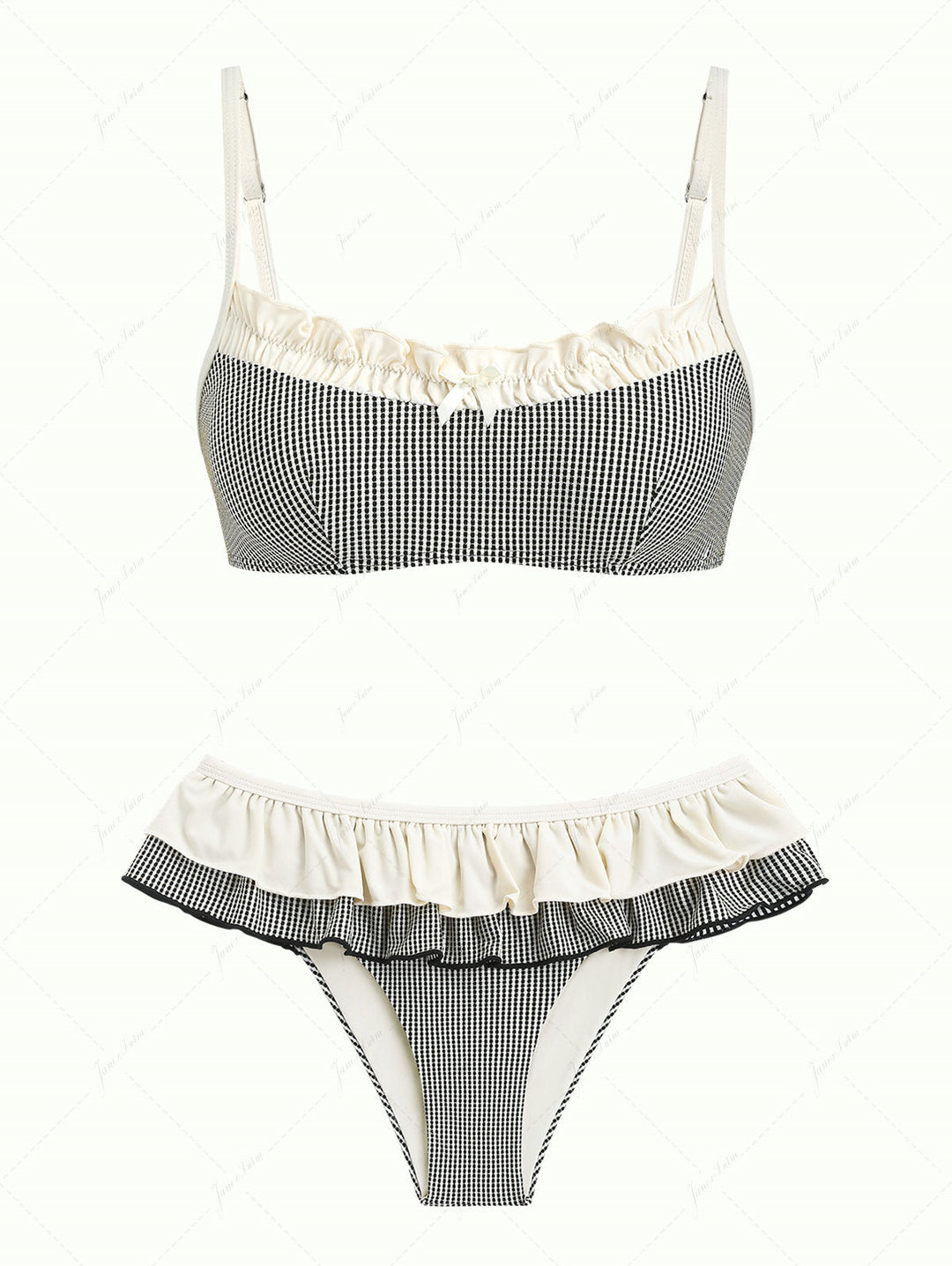 Crystal Cream Metallic Gold Yarn Knitted Fabric Ruched Ruffles Skirtini Bikini Set