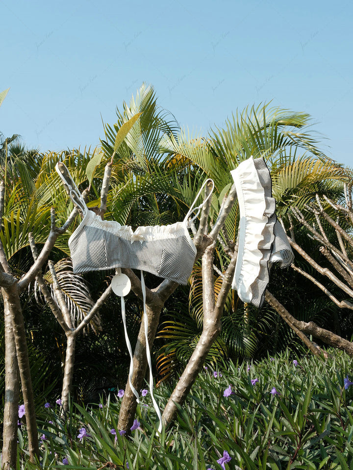 Crystal Cream Metallic Gold Yarn Knitted Fabric Layered Peplum Skirted Bikini Bottom