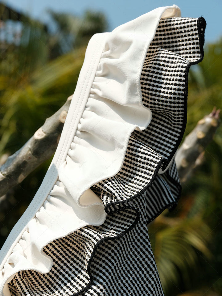 Crystal Cream Metallic Gold Yarn Knitted Fabric Layered Peplum Skirted Bikini Bottom