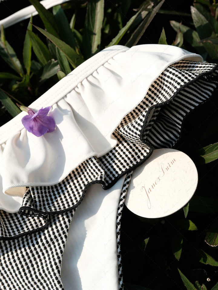 Crystal Cream Metallic Gold Yarn Knitted Fabric Layered Peplum Skirted Bikini Bottom