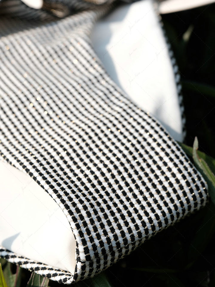 Crystal Cream Metallic Gold Yarn Knitted Fabric Layered Peplum Skirted Bikini Bottom