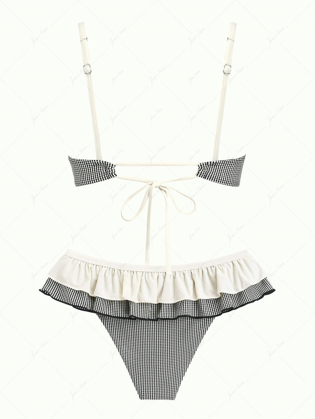 Crystal Cream Metallic Gold Yarn Knitted Fabric Ruched Ruffles Skirtini Bikini Set