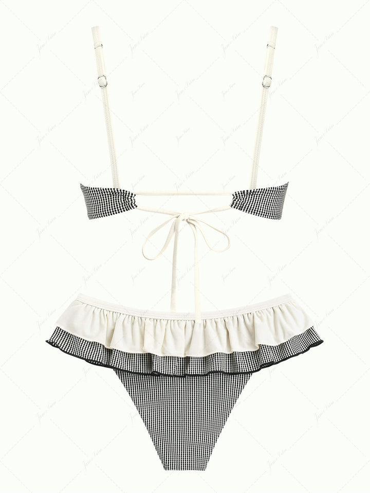 Crystal Cream Metallic Gold Yarn Knitted Fabric Ruched Ruffles Skirtini Bikini Set