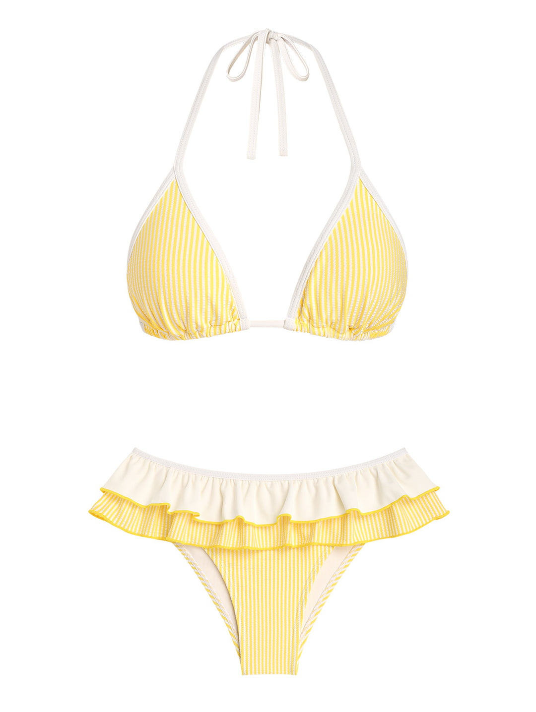 Seamolly Contrast Binding Striped Layered Peplum Halter Triangle Skirtini Bikini Set