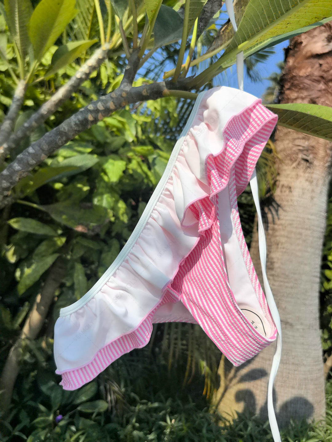 Seamolly Contrast Binding Striped Layered Peplum Halter Triangle Skirtini Bikini Set