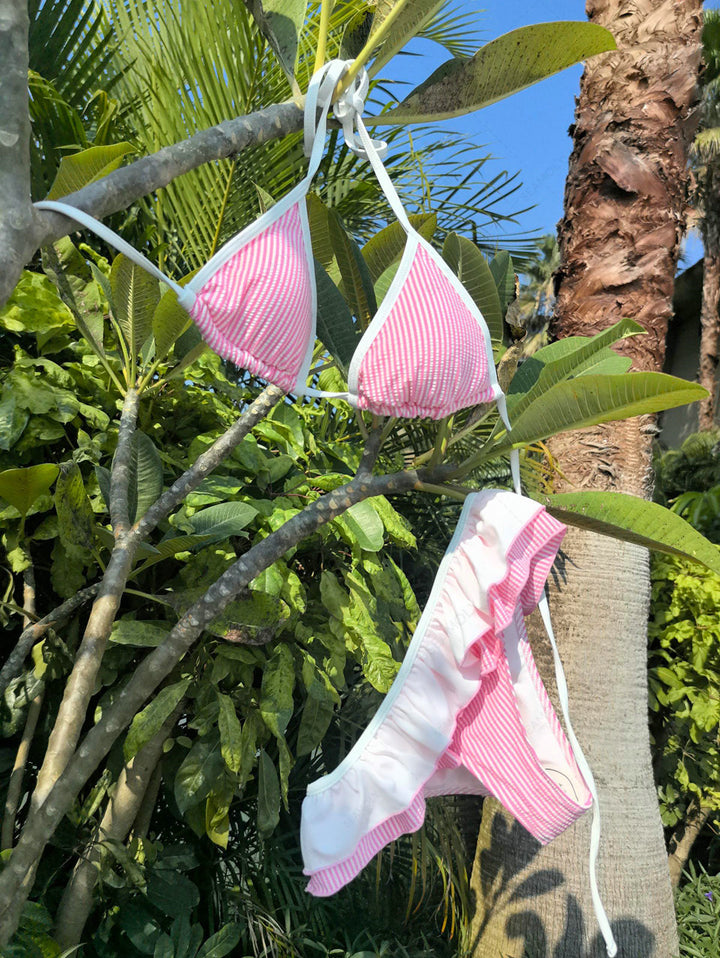 Seamolly Contrast Binding Striped Layered Peplum Halter Triangle Skirtini Bikini Set